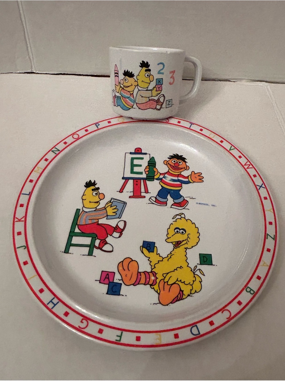 Sesame Street Kids plastic Plate and Mug Set - White with Multicolor Characters